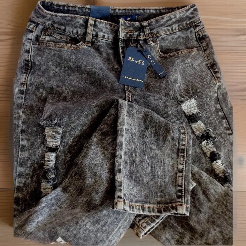 B&G Jeans Womens Sz 7 Skinny Destroyed Distressed Stretch Denim Pants Black NWT